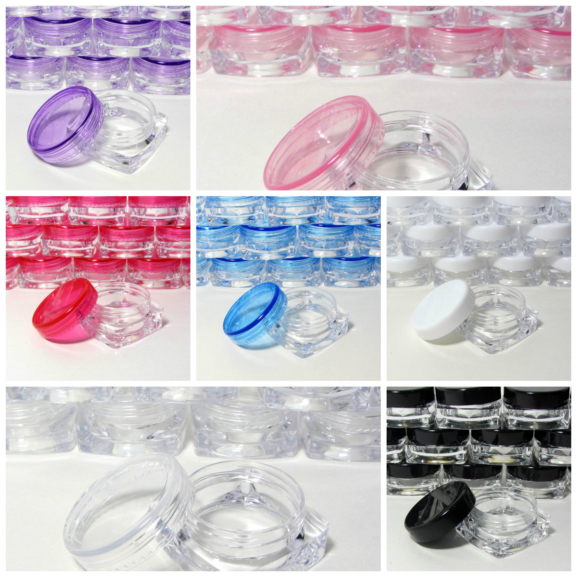 Cosmetic Jars Mini Square Beauty Containers - 3 Ml (Purple / Pink / Red / Blue / White / Clear / Black Cap)