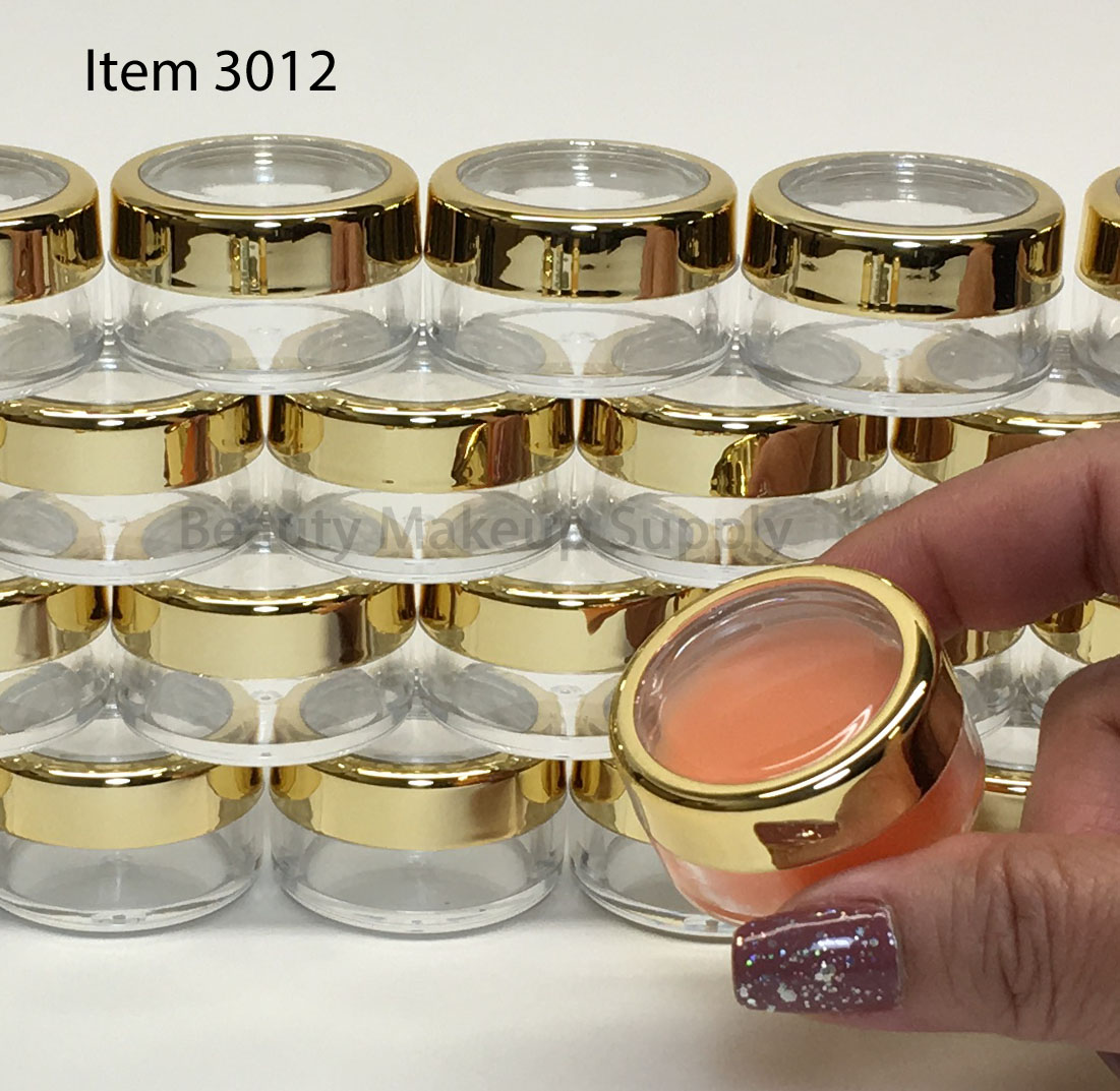 Cosmetic Jars Plastic Beauty Containers - 10 Gram (Gold Trim Acrylic Window Caps) - sku# 3012